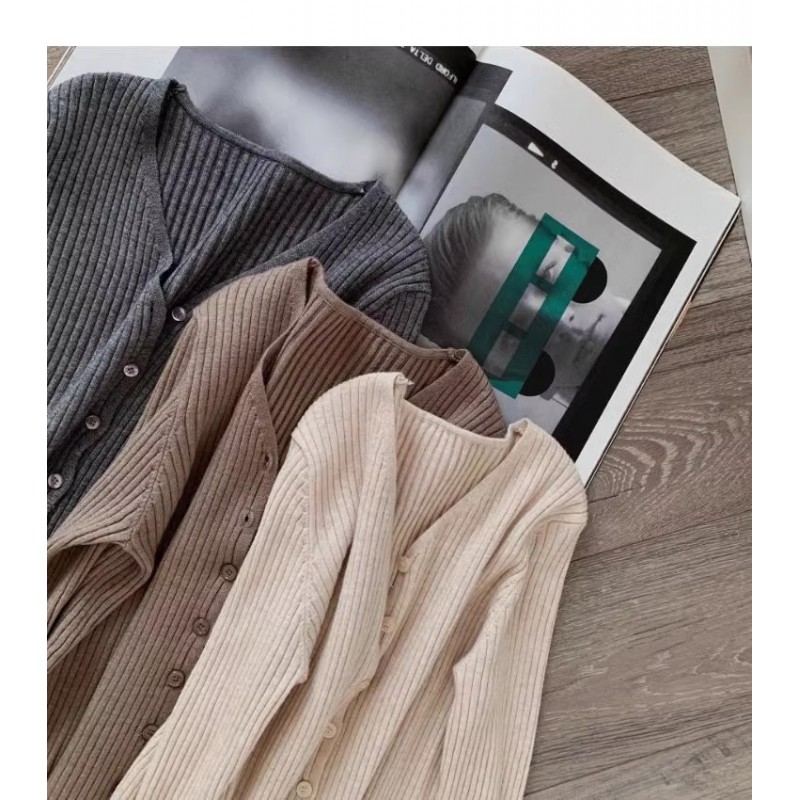 GREY V-NECK KNITTED SWEATER SHORT SWEATER JACKET