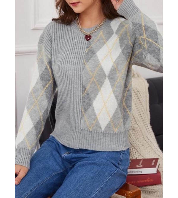 Argyle Ribbed Drop Shoulder Sweater