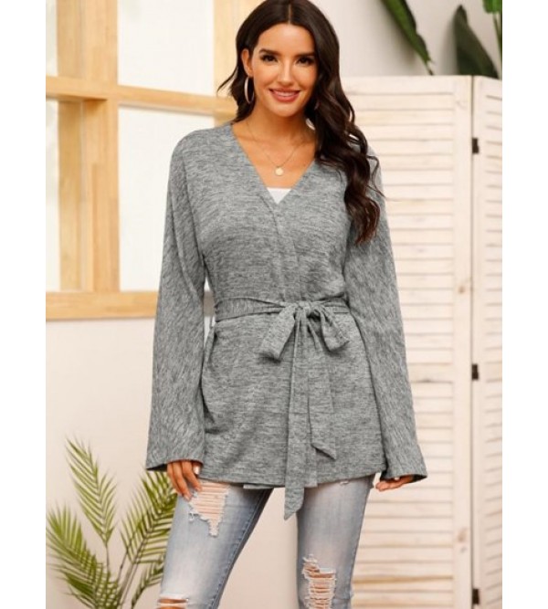 V Neck Belted Heathered Cardigan