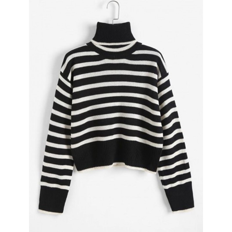 Turtleneck Striped Drop Shoulder Sweater