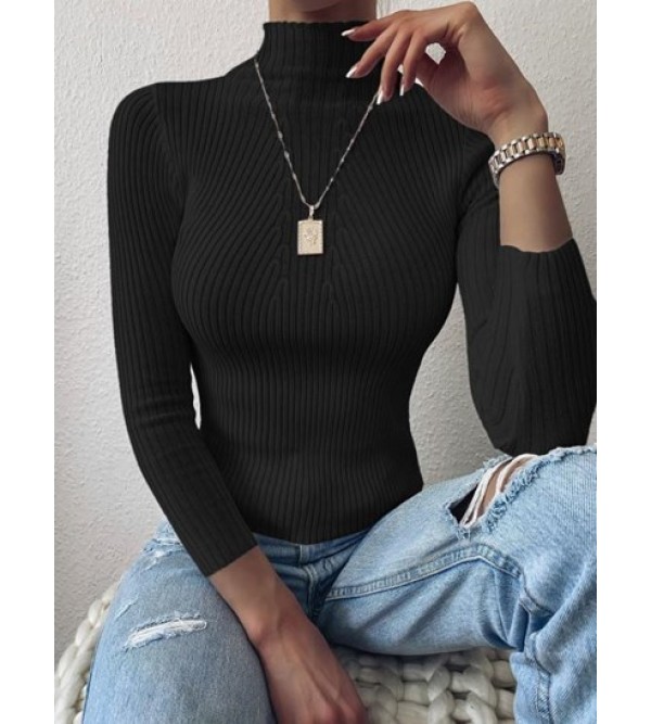 Pullover Mock Neck Plain Slim Sweater