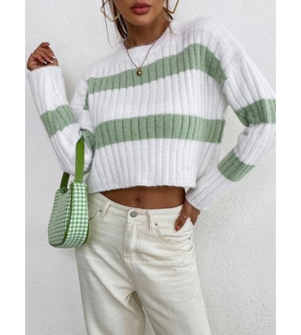 Crewneck Two Tone Striped Fuzzy Sweater