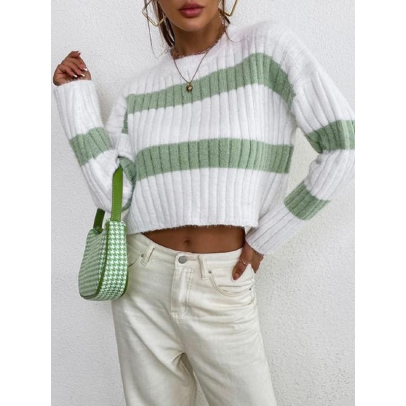 Crewneck Two Tone Striped Fuzzy Sweater