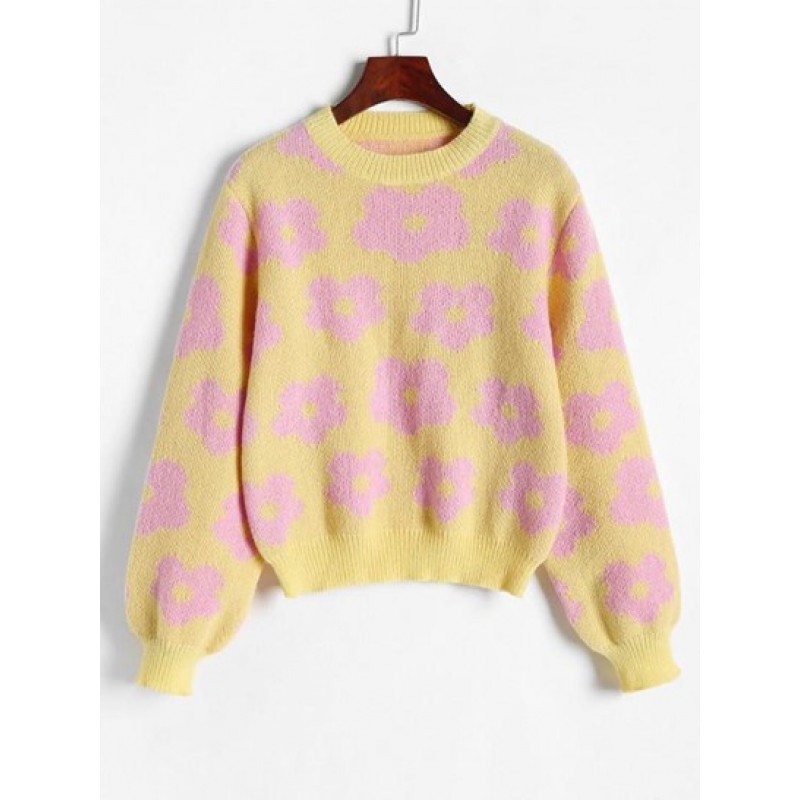 Crewneck Pastel Floral Graphic Sweater