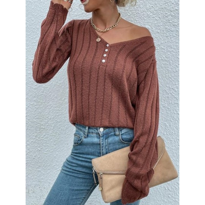 V Neck Ribbed Pearly Button Front Sweater