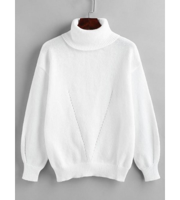 Turtleneck Pointelle Knit Drop Shoulder Plain Sweater