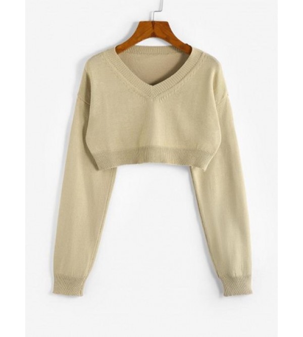 Solid V Neck Cropped Sweater