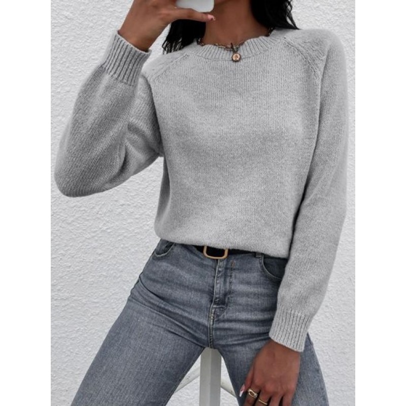 Solid Crew Neck Raglan Sleeve Sweater
