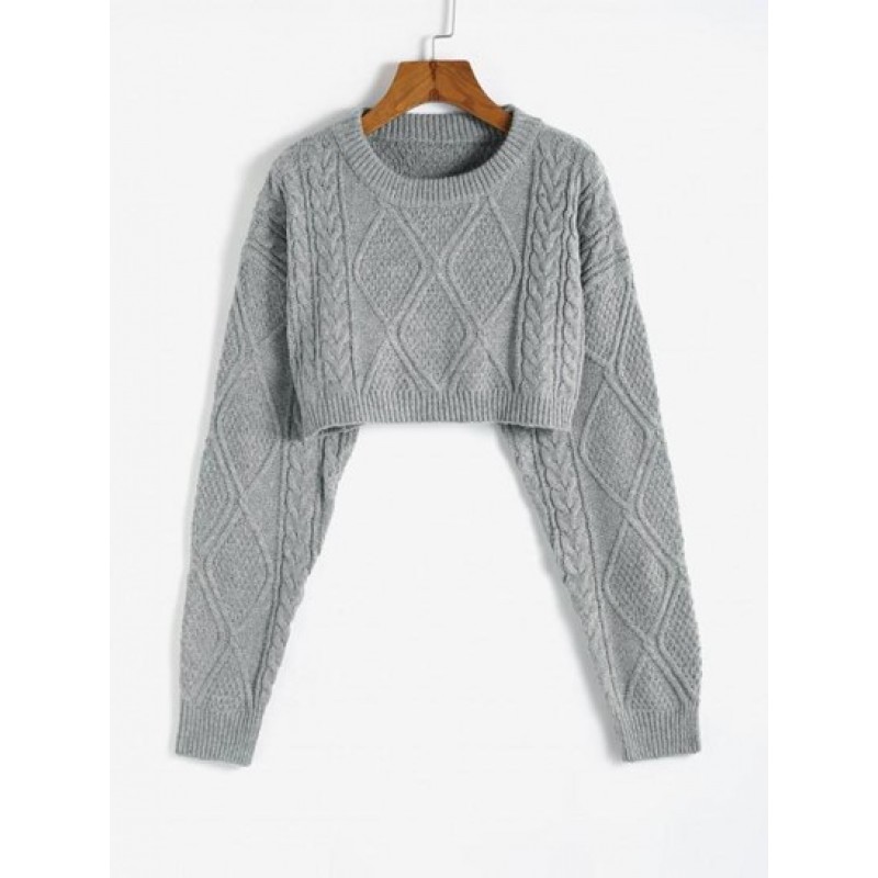 Cable Knit Drop Shoulder Cropped Sweater