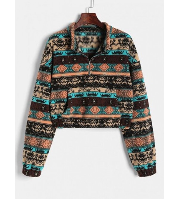 Half Zip Ethnic Graphic Faux Shearling Sweatshirt