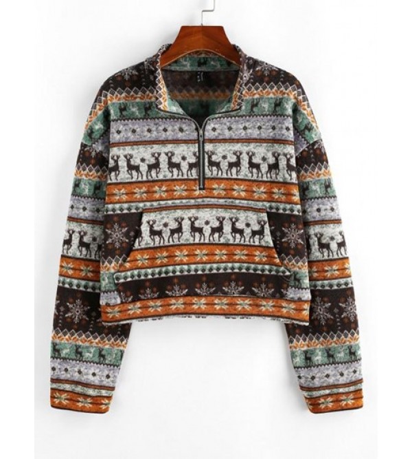 Christmas Elk Snowflake Half Zip Knit Sweatshirt