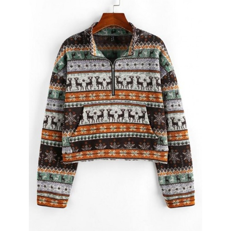 Christmas Elk Snowflake Half Zip Knit Sweatshirt