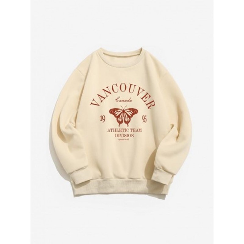 Letter Butterfly Print Thermal Lined Sweatshirt