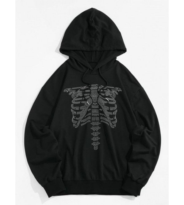 Halloween Abstract Skeleton Graphic Slouchy Drawstring Hoodie