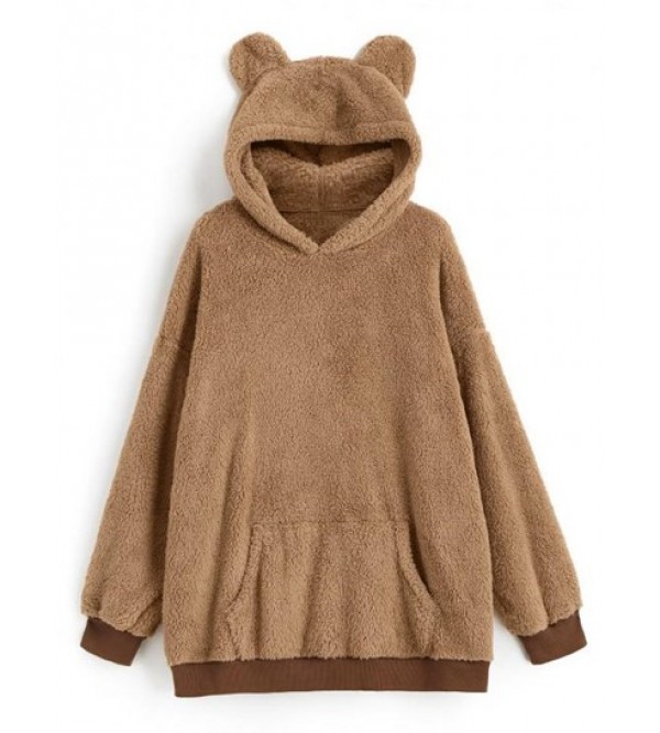 Faux Fur Bear Ear Pocket Fluffy Tunic Hoodie