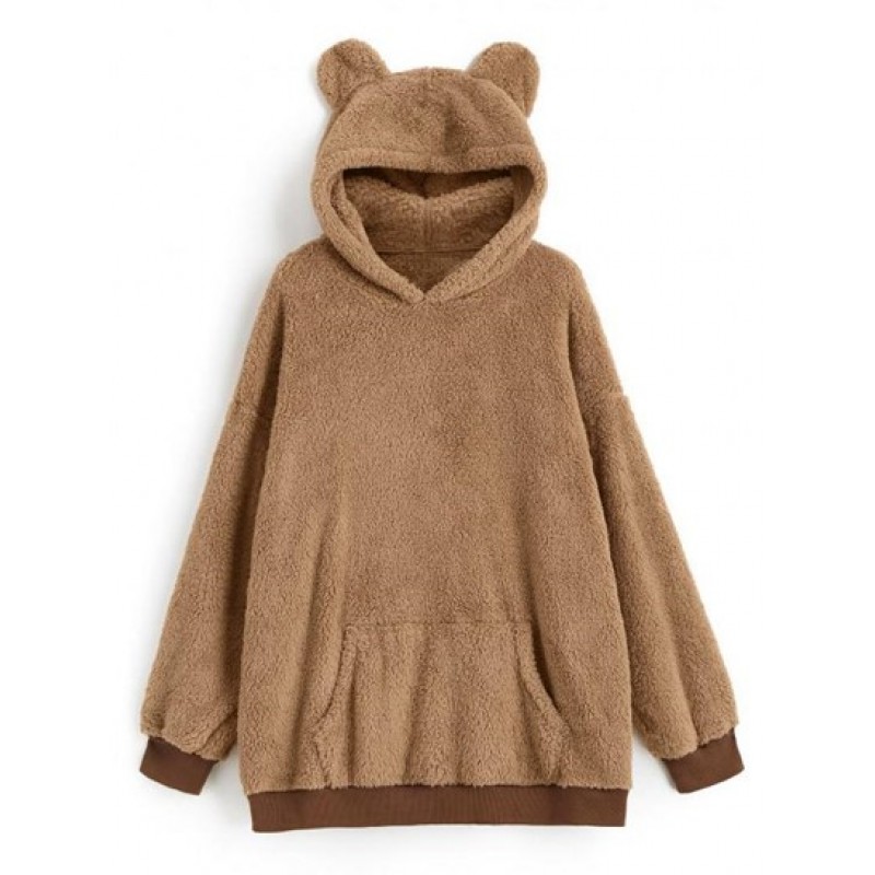 Faux Fur Bear Ear Pocket Fluffy Tunic Hoodie