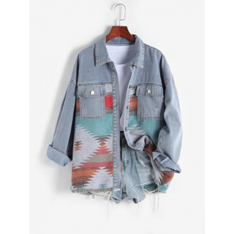 Ethnic Printed Denim Panel Loose Jacket