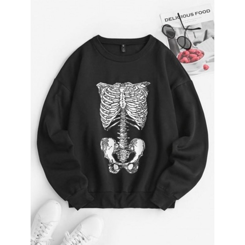 Drop Shoulder Loose Skeleton Halloween Sweatshirt