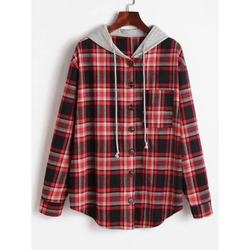 Plaid Button Up Hooded Shacket