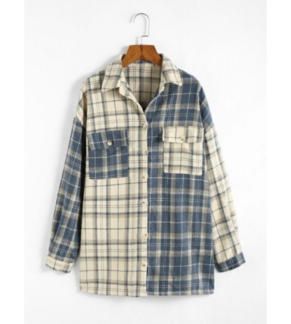 Plaid Colorblock Drop Shoulder Pocket Shacket