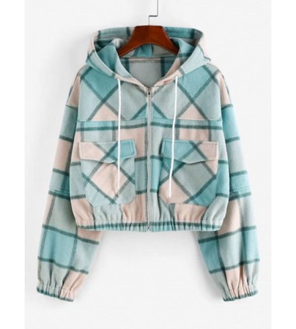 Woolen Plaid Pocket Hooded Jacket