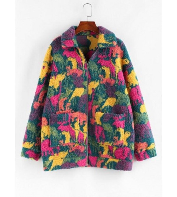 Camo Drop Shoulder Pocket Teddy Coat