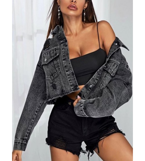 Distressed Frayed Drop Shoulder Denim Jacket