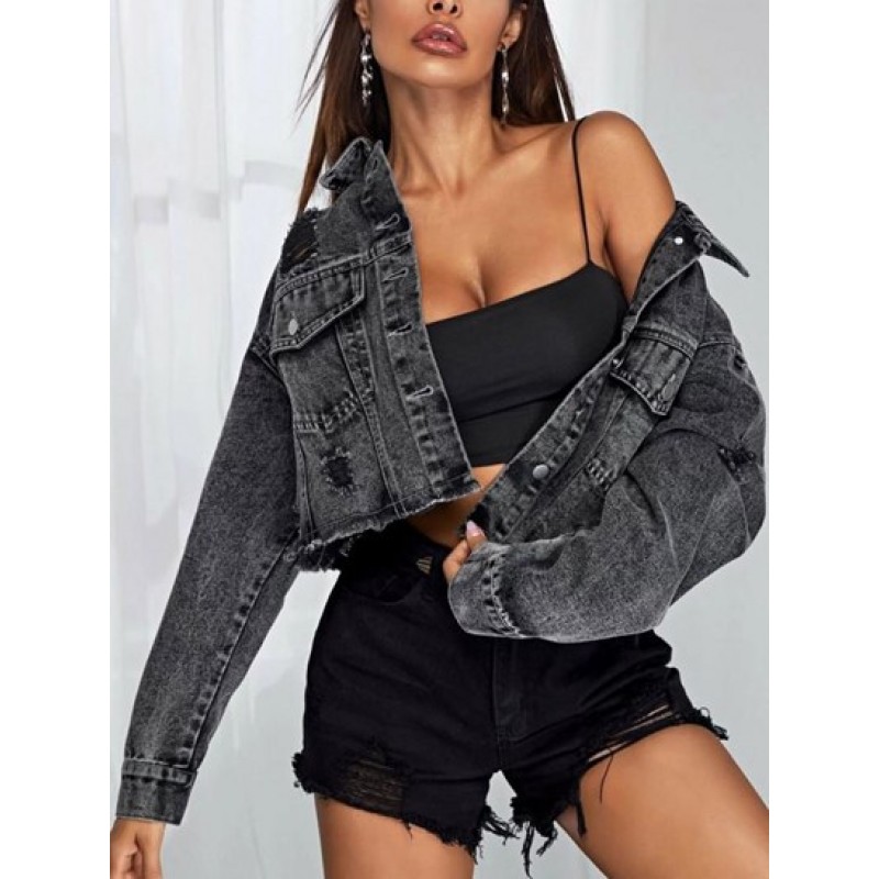 Distressed Frayed Drop Shoulder Denim Jacket