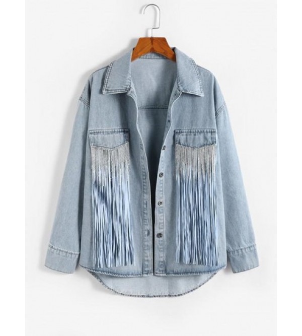 Fringed Rhinestones Button Up Denim Jacket