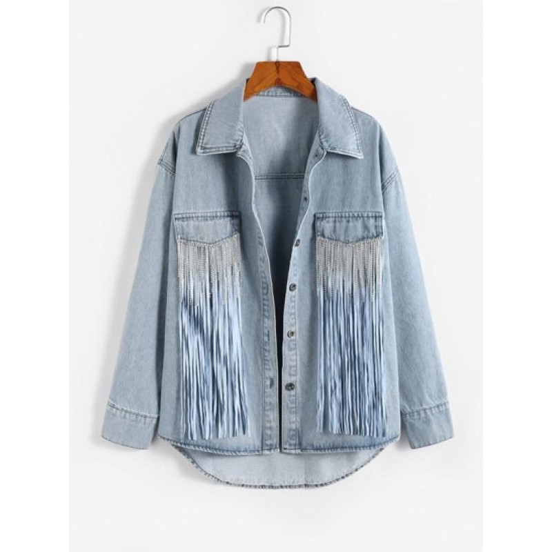 Fringed Rhinestones Button Up Denim Jacket