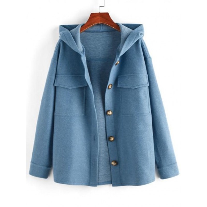 Hooded Cargo Pockets Wool Blend Coat