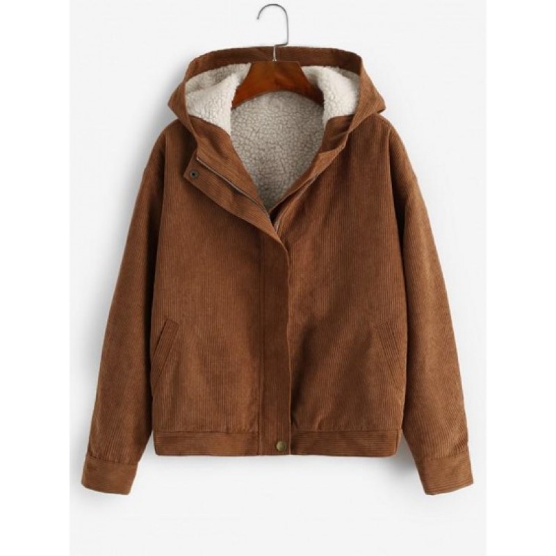 Teddy Lined Corduroy Zip Hooded Coat