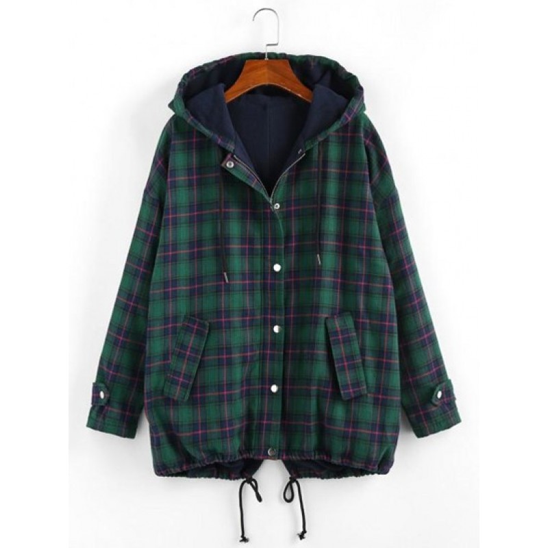 Drawstring Hooded Plaid Fleece Lined Jacket