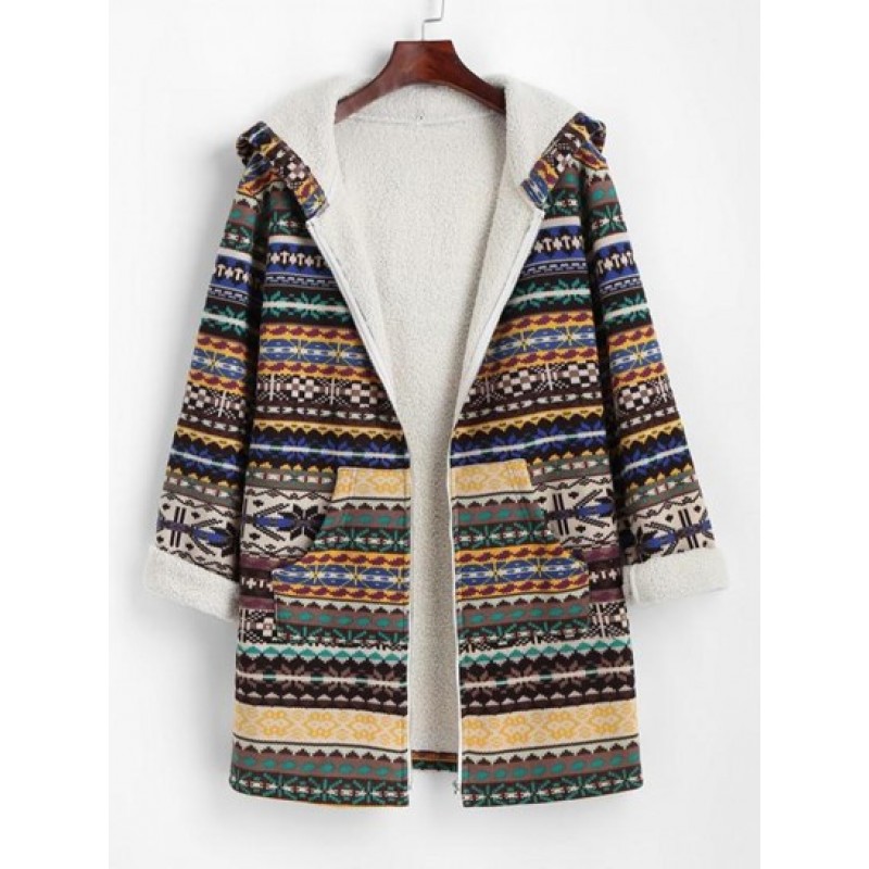 Tribal Print Zip Up Fleece Lined Coat