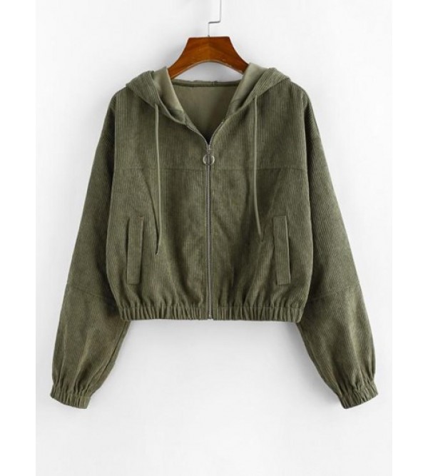 Drawstring Zip Up Hooded Corduroy Jacket