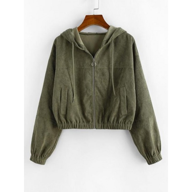 Drawstring Zip Up Hooded Corduroy Jacket