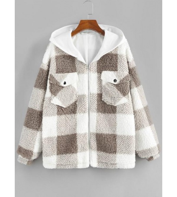 Plaid Hooded Pocket Drop Shoulder Teddy Coat