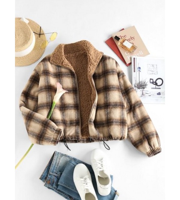 Drawstring Waist Teddy Lined Plaid Jacket