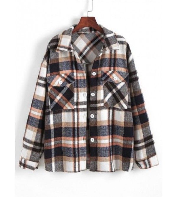 Front Pocket Wool Blend Plaid Shacket