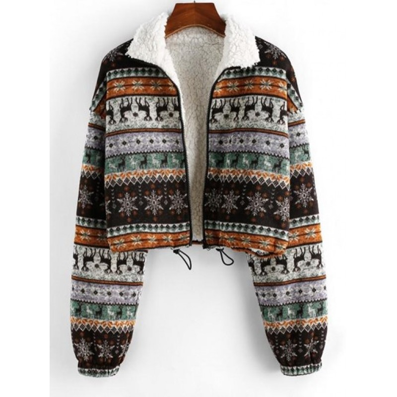 Christmas Elk Drawstring Faux Shearling Knit Jacket