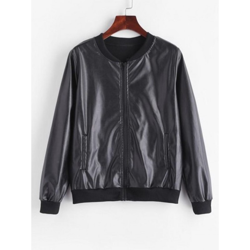 Fleece Lined Faux Leather Zip Jacket