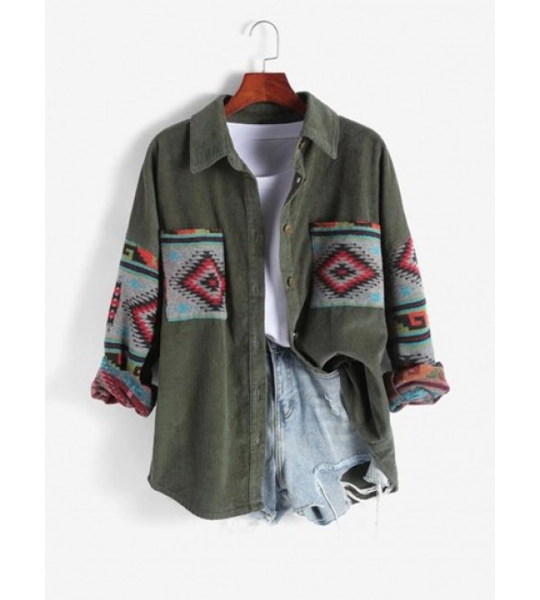 Ethnic Aztec Printed Corduroy Shacket