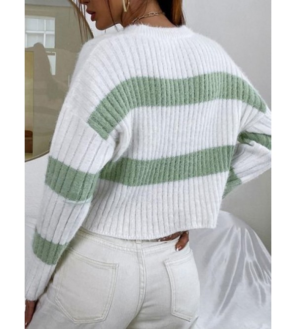 Crewneck Two Tone Striped Fuzzy Sweater