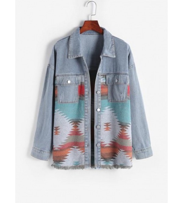 Ethnic Printed Denim Panel Loose Jacket