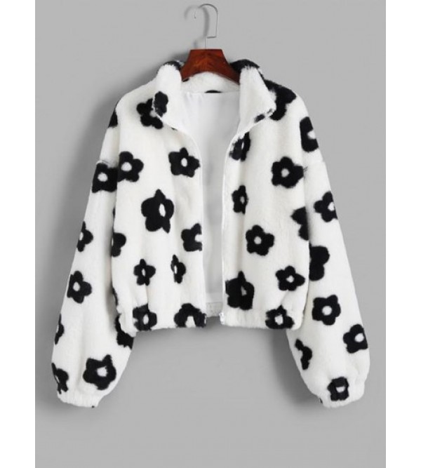 Fluffy Floral Graphic Faux Fur Jacket