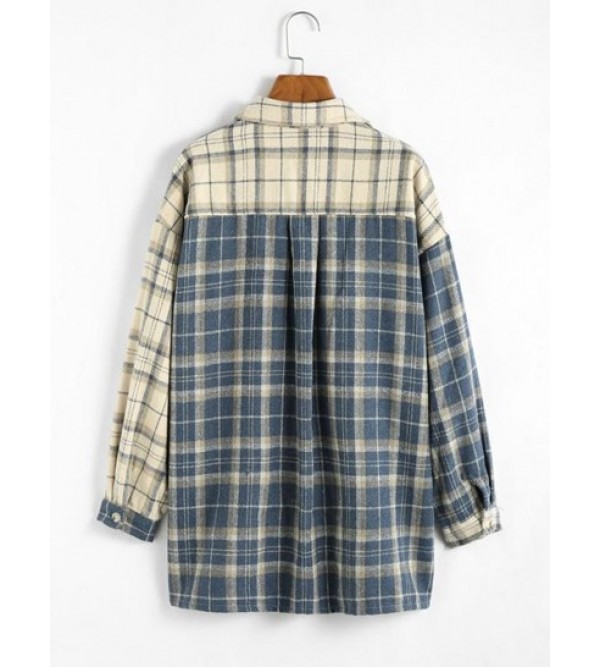 Plaid Colorblock Drop Shoulder Pocket Shacket