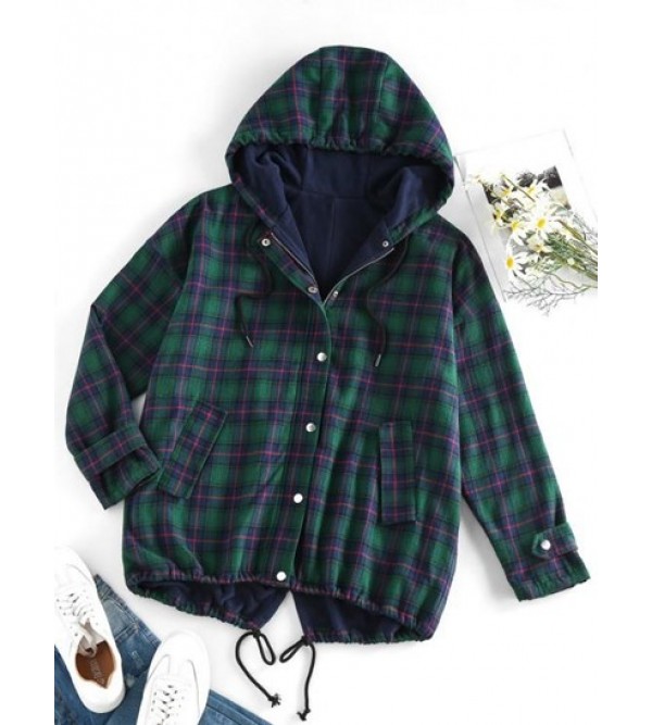 Drawstring Hooded Plaid Fleece Lined Jacket