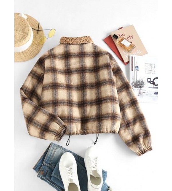 Drawstring Waist Teddy Lined Plaid Jacket