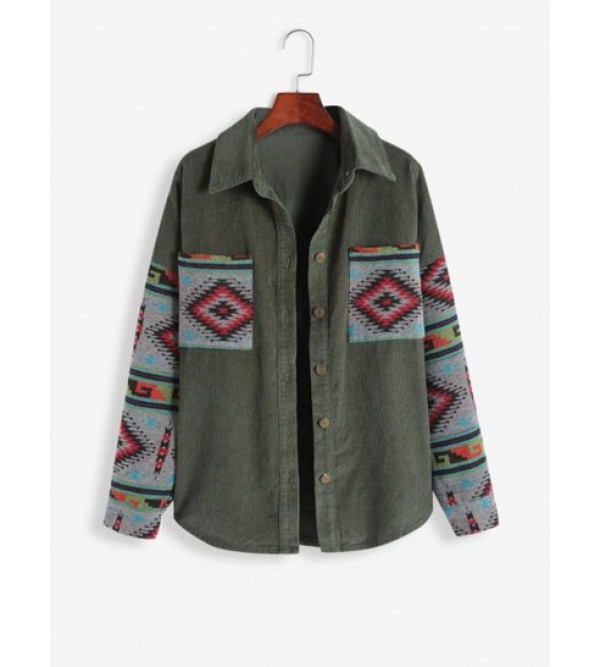 Ethnic Aztec Printed Corduroy Shacket