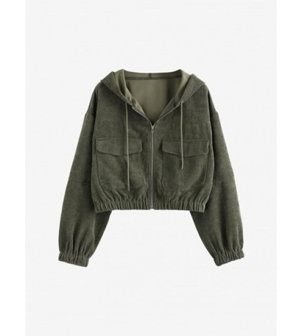 Corduroy Drop Shoulder Pocket Hooded Jacket